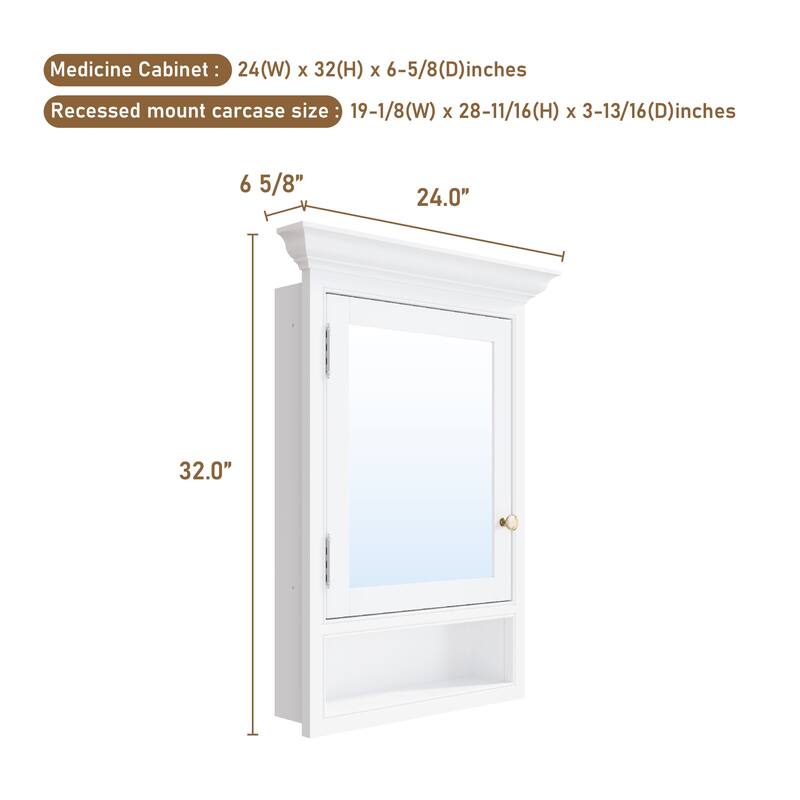 24"W x 32"H Recessed Wall-Mounted Solid Wood Medicine Cabinet with Adjustable Glass Shelves and Bottom Storage Shelf