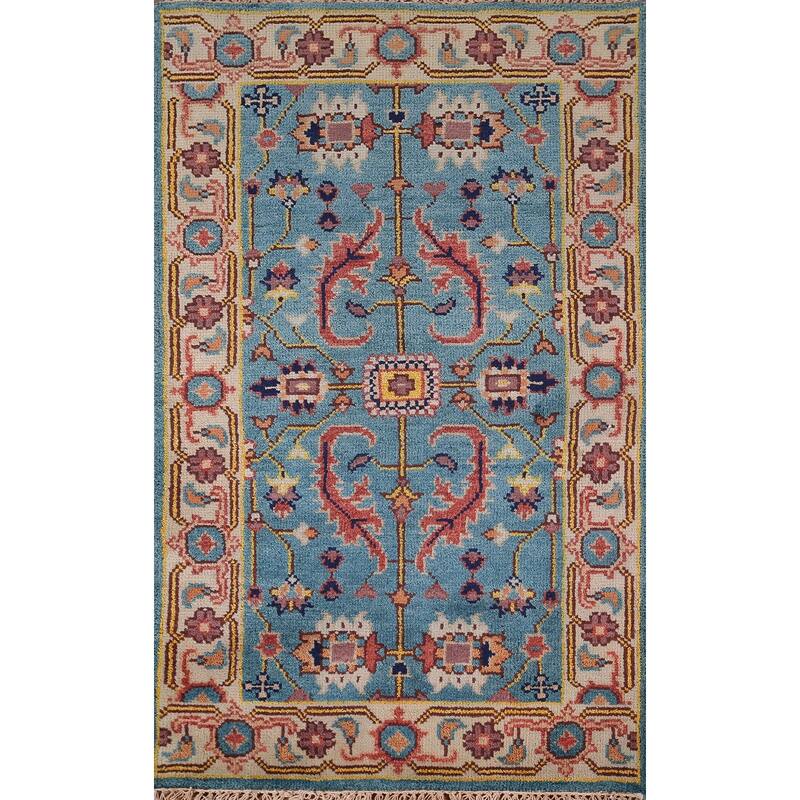 Light Blue Oushak Indian Accent Rug Handmade Wool Carpet - 2'11" X 5'0"