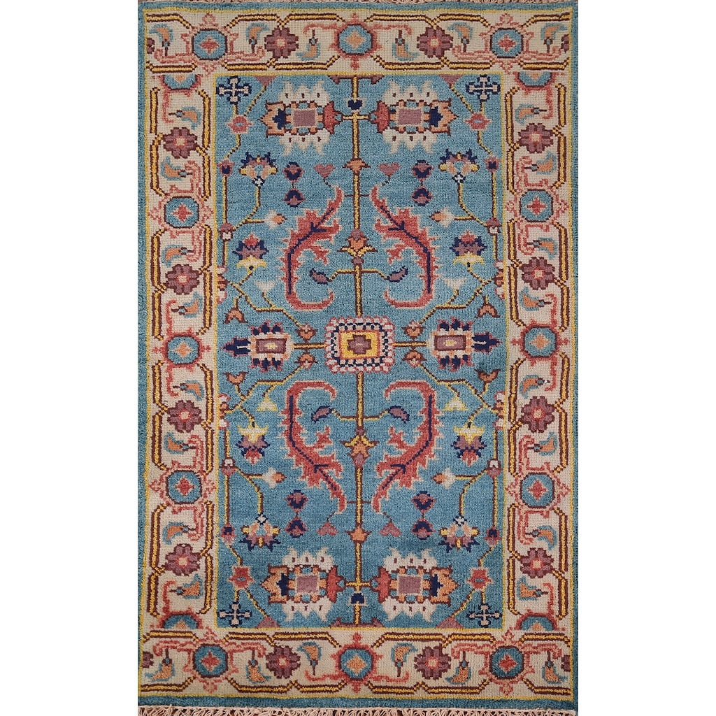 Light Blue Oushak Indian Accent Rug Handmade Wool Carpet - 2'11" X 5'0"