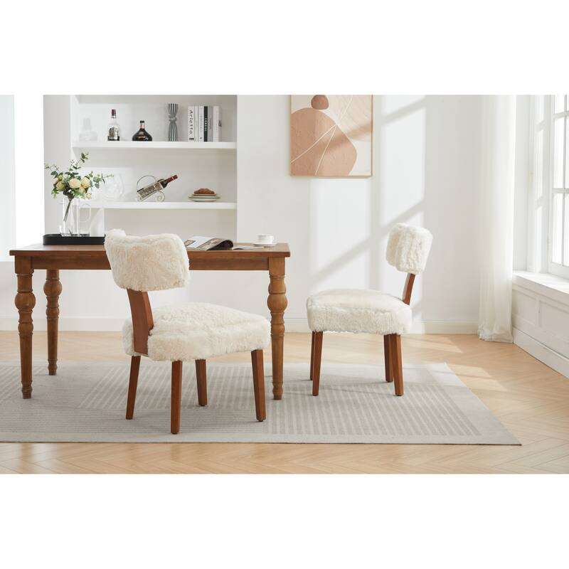 Dining Chairs Set of 2, Fur Fabric Armless Chairs with Curved Wingback and Solid Wood Legs for Dining Room