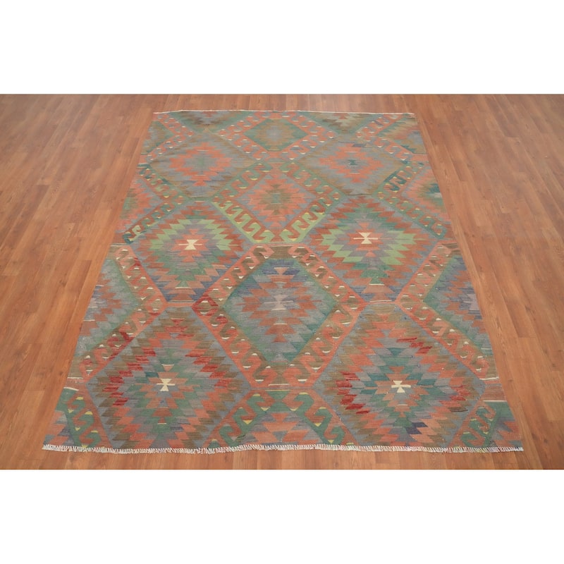Hand Woven Oriental 100% Wool Carpet Southwestern Tribal Oranges & Rust Kilim Area Rug - 7' 0'' X 5' 8''