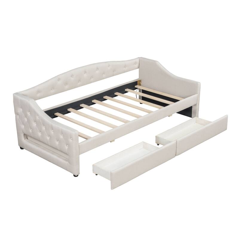 Twin XL Upholstered Daybed with LED Lighting and 2 Storage Drawers, Beige