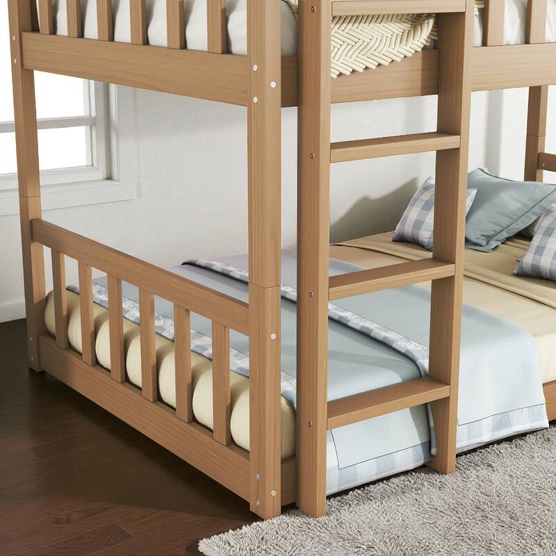 Twin Over Twin Over Twin Rubber Wood Triple Bunk Bed with Guardrails and Ladders, Detachable Convertible Triple Twin Bed Frame