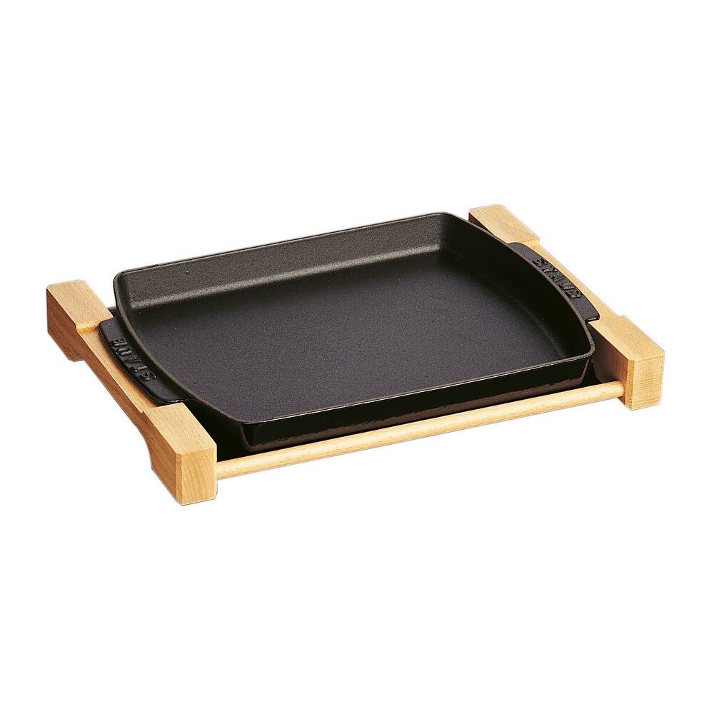 Staub Cast Iron 13 x 9-inch Rectangular Serving Dish with Wood Base - Matte Black - 15" x 9"