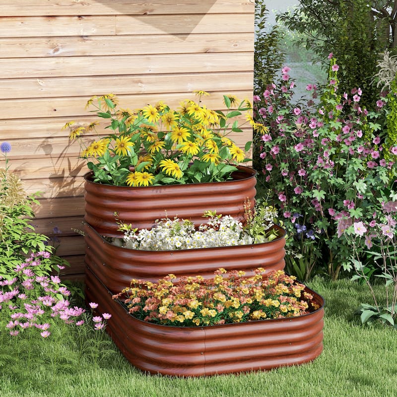 Countryside Style Garden Bed with 3 Rubber Edge Strips Open Bottom, for Backyard Garden Patio, Brown - 8' x 10'