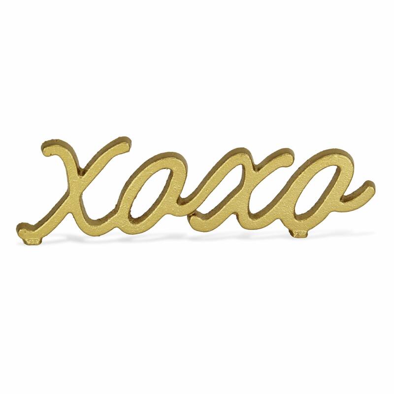 HomeRoots 3" Gold Cast Iron Hand Painted XOXO Sentiment Tabletop Sculpture - 2.75" H x 9.75" W x 0.5" D
