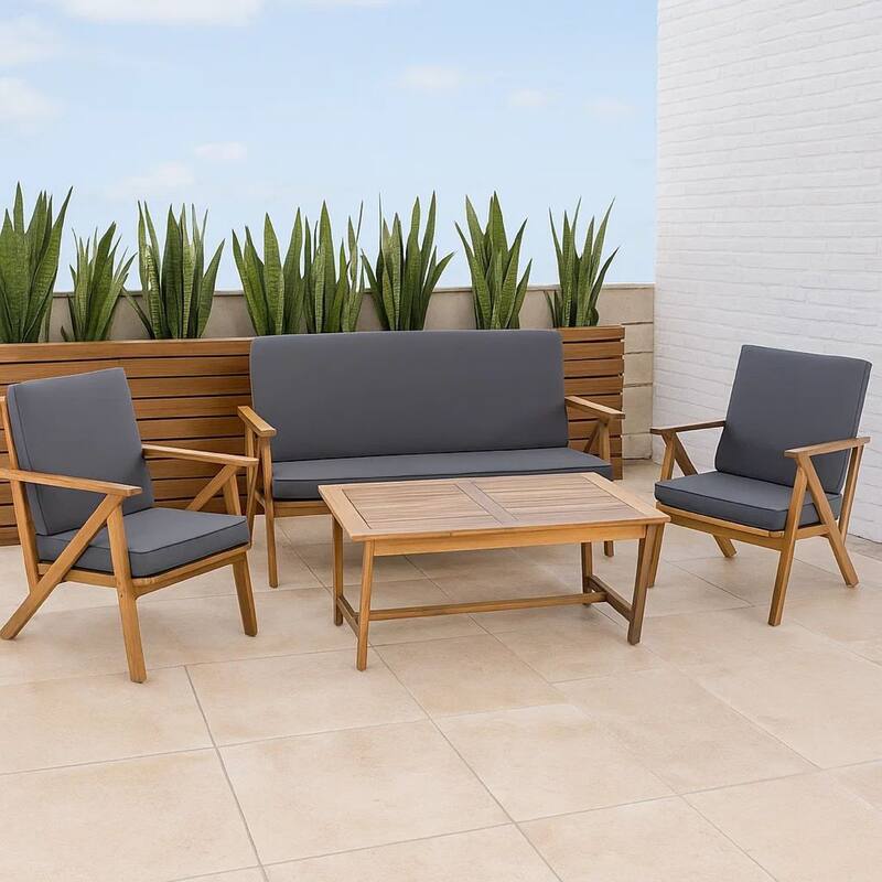 Namm 4pc Outdoor Table, Chairs, Loveseat Set, Brown Acacia Wood, Gray