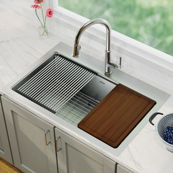 slide 2 of 9, Karran Elite WST-26-PK1 Top Mount 33" Single Bowl Stainless Steel Workstation Kitchen Sink with Right Drain