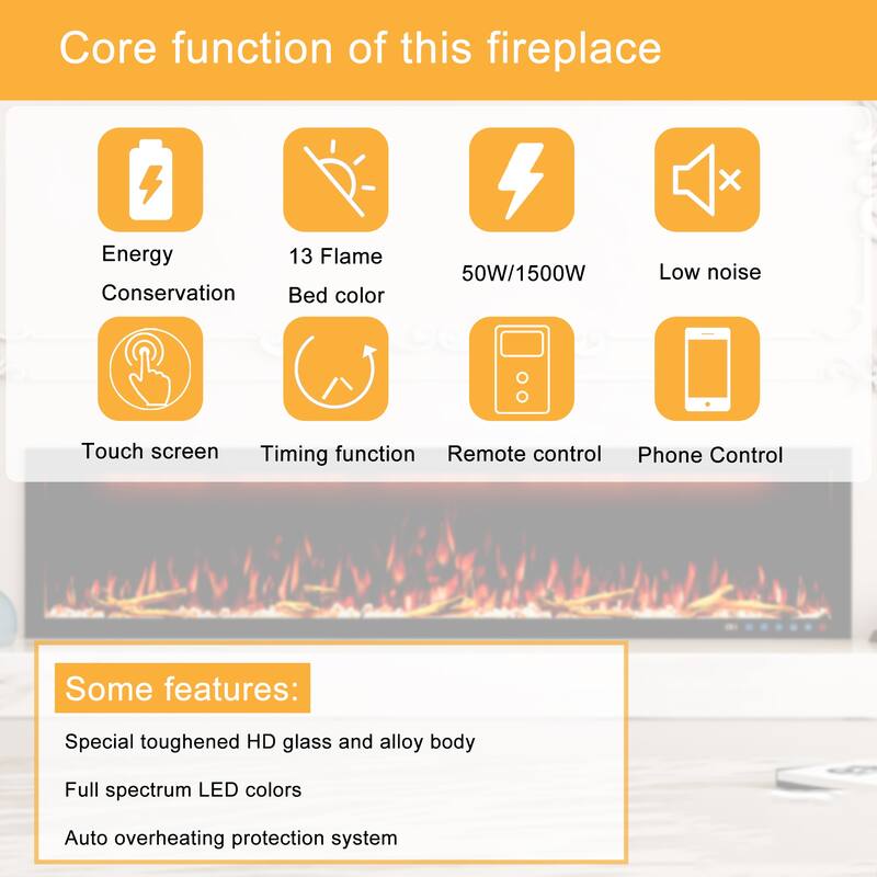 Clihome 42-88" Recessed Wall-Mounted Smart Control Electric Fireplace
