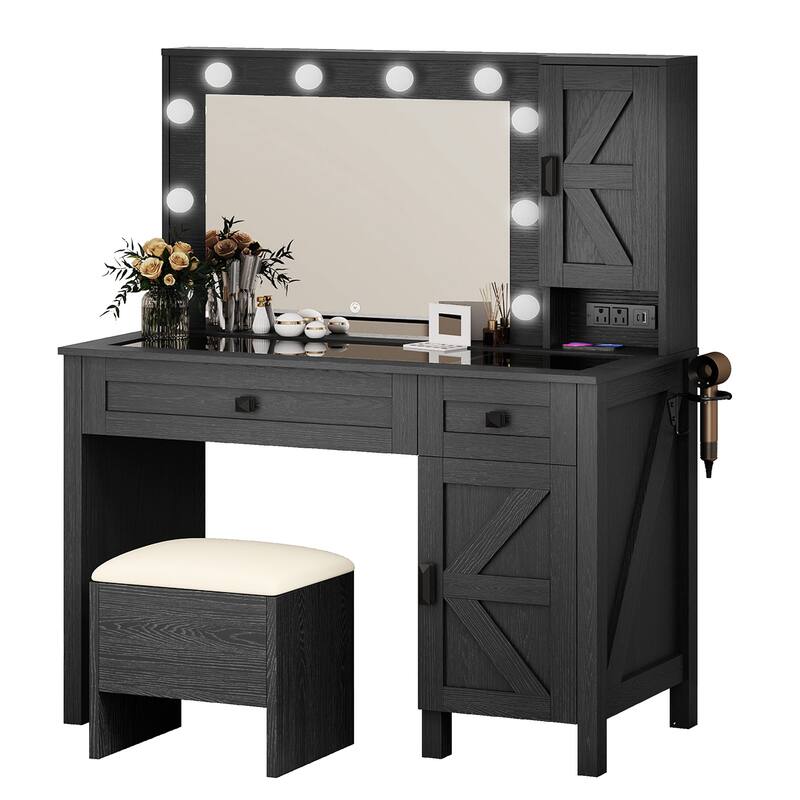 Moasis Farmhouse Makeup Vanity Desk Set with Mirror and Lights, Charging Station and Storage Stool