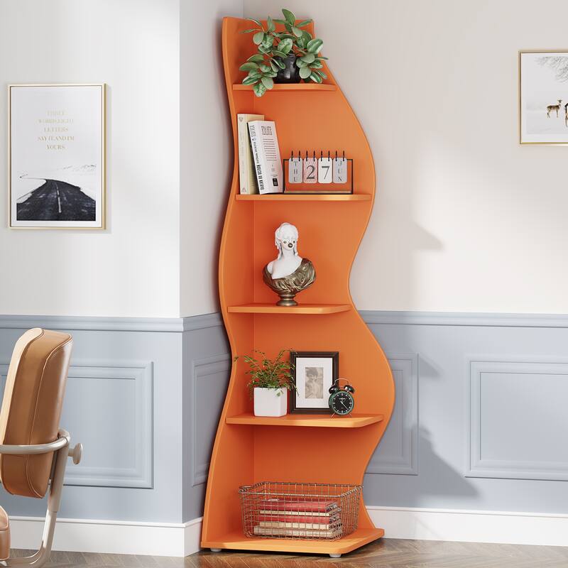Modern Wood Corner Shelf, 5-Tier Bookshelf Bookcase for Living Room