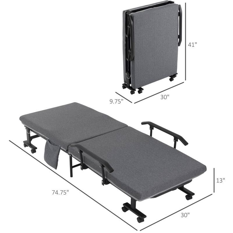 Dark Grey-Black Steel Foldable Floor Mattress Bed with Adjustable Backrest, Handrails and Storage Bags