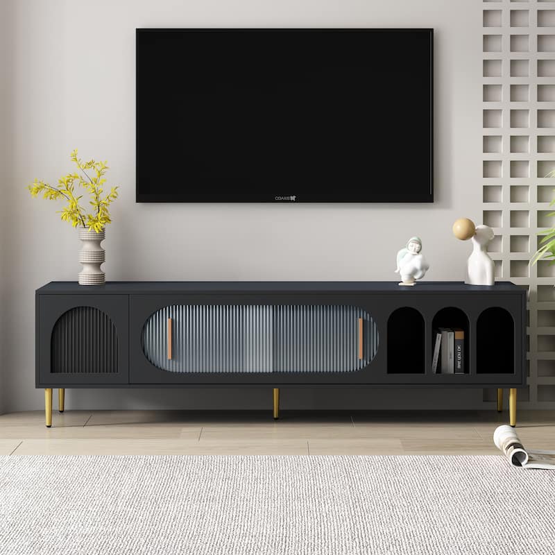 Modern TV Stand with 3 Shelves and 2 Cabinets - Black