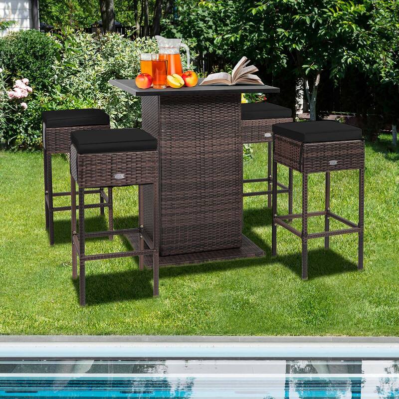 Costway 5PCS Patio Rattan Bar Table Stool Set Hidden Storage Shelf