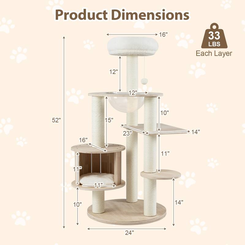 Natural Wooden Cat Tree Tower with Condo Perch Space Capsule and Scratching Posts 52 Inch