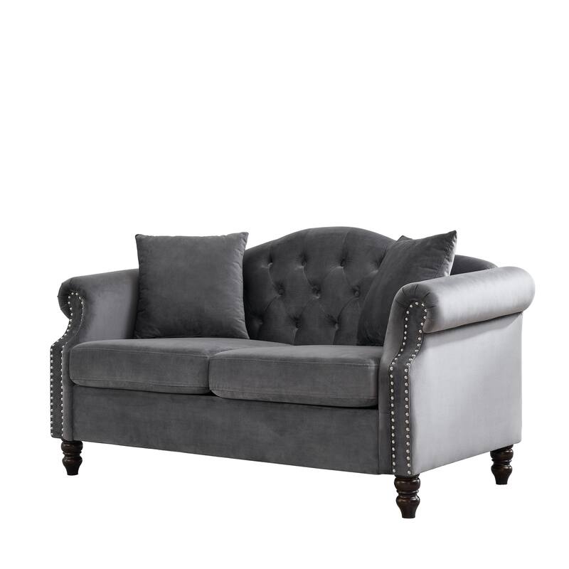 Chesterfield Velvet Sofa, Upholstered Loveseat Sofa with 2 Pillows, Tufted 2 Seater Sofa with Rolled Arms & Nailhead Trim