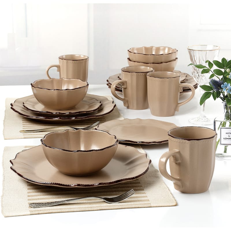 Lorren Home Trends 16 Piece Scalloped Edge Cocoa Dinnerware