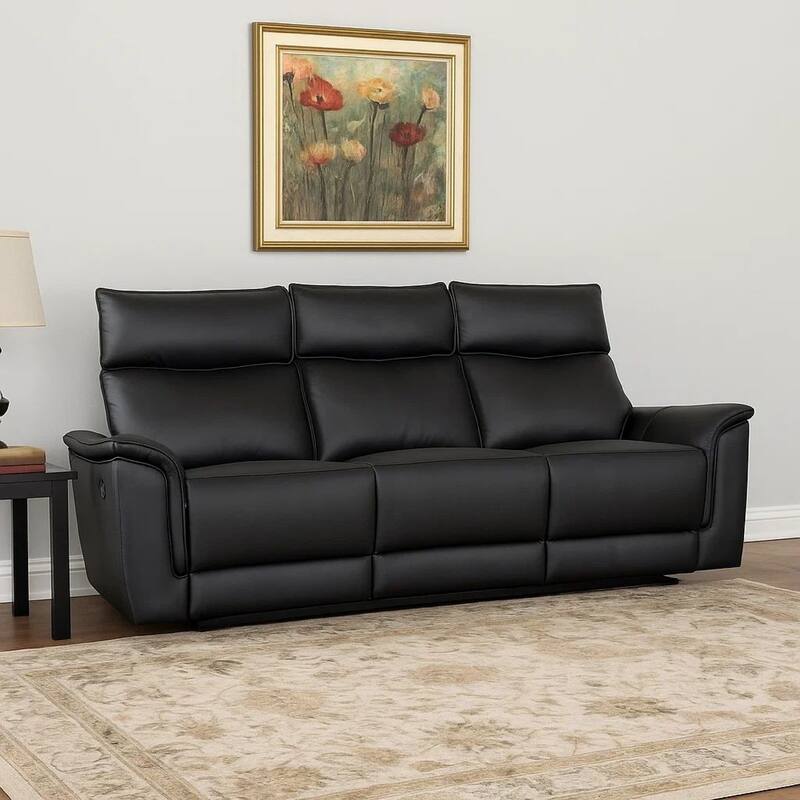 Lenne Sofa, Black Faux Leather, Manual Reclining Mechanism, 86 Inch