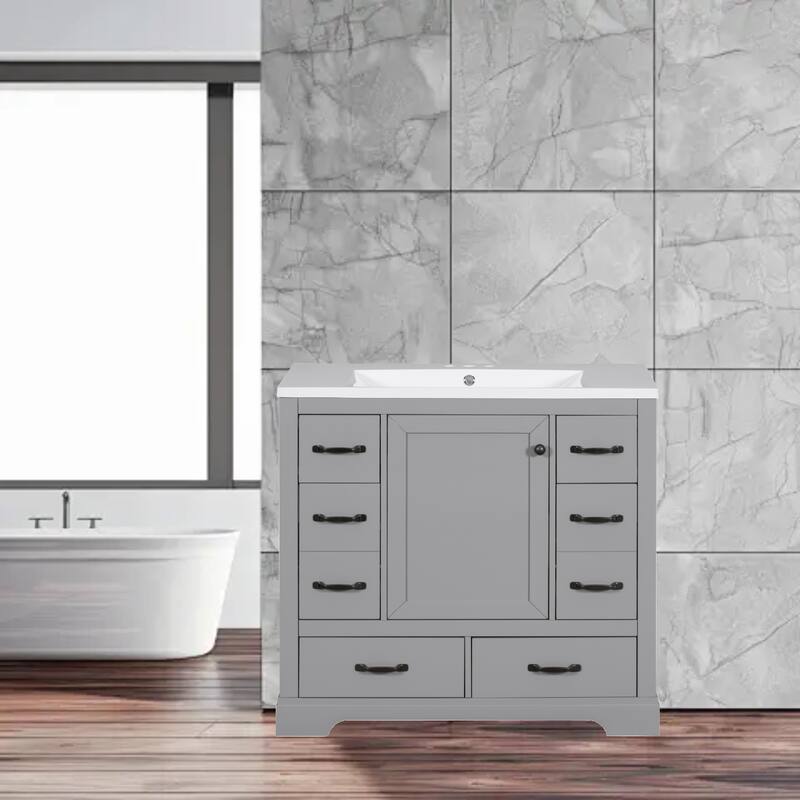 Modern 36" Bathroom Vanity with Sink, Six Drawers, Adjustable Shelf & Multi-Functional Dividers - Grey