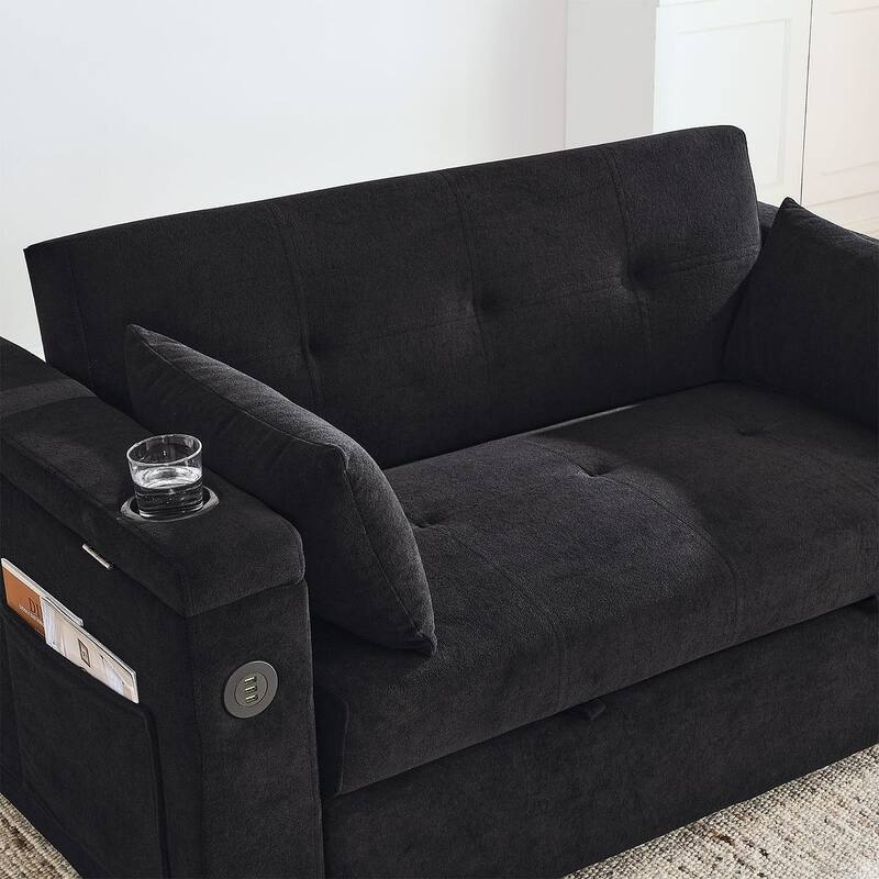 54" Multi-functional Chenille Sofa Bed with Cup Holder and USB Port for Living Room
