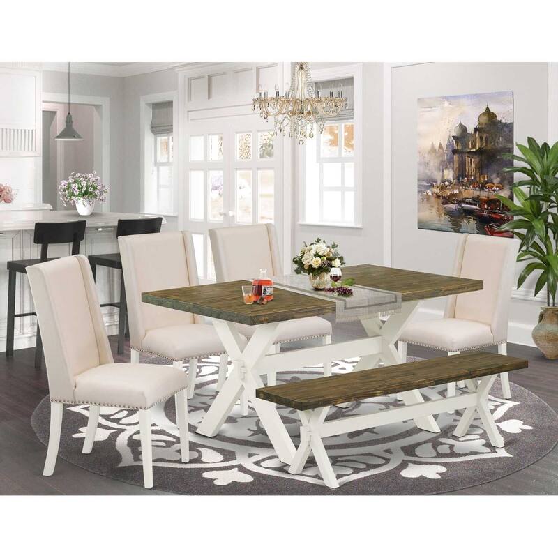 HomeStock 6-Piece Rectangle Distressed Jacobean Finish Solid Wood Top Dining Table with 1-Bench, 4-Chairs