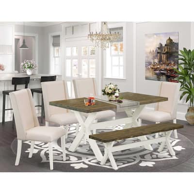 HomeStock 6-Piece Rectangle Distressed Jacobean Finish Solid Wood Top Dining Table with 1-Bench, 4-Chairs