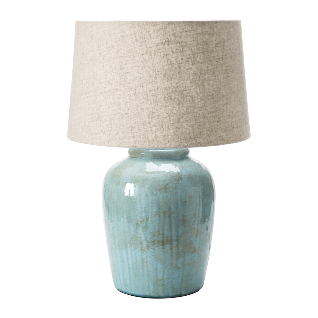 Coastal Aqua Blue Ceramic Stoneware Table Lamp with Natural Ivory Linen Shade, Reactive Glaze Finish