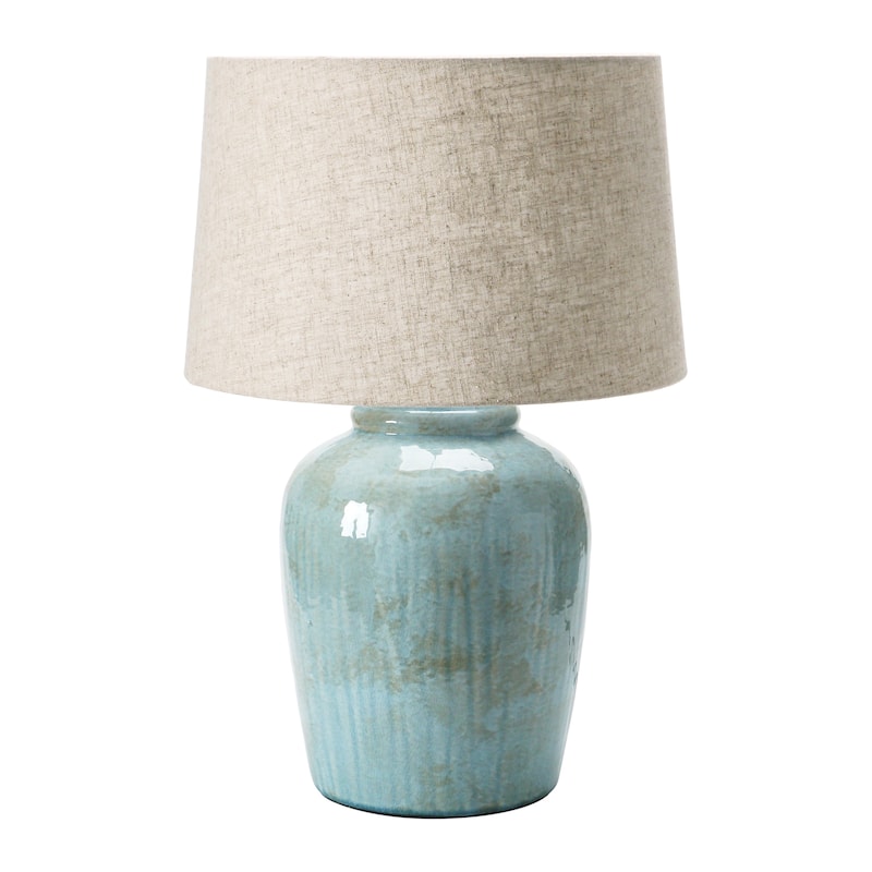Coastal Aqua Blue Ceramic Stoneware Table Lamp with Natural Ivory Linen Shade, Reactive Glaze Finish - Aqua
