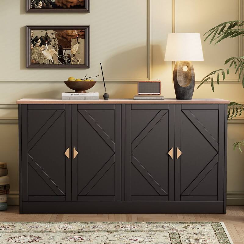 Modern 59" Sideboard, Rectangular Buffet Table with Adjustable Shelves, Mid-Century Coffee Bar Table For Living, Dinning Room - Black