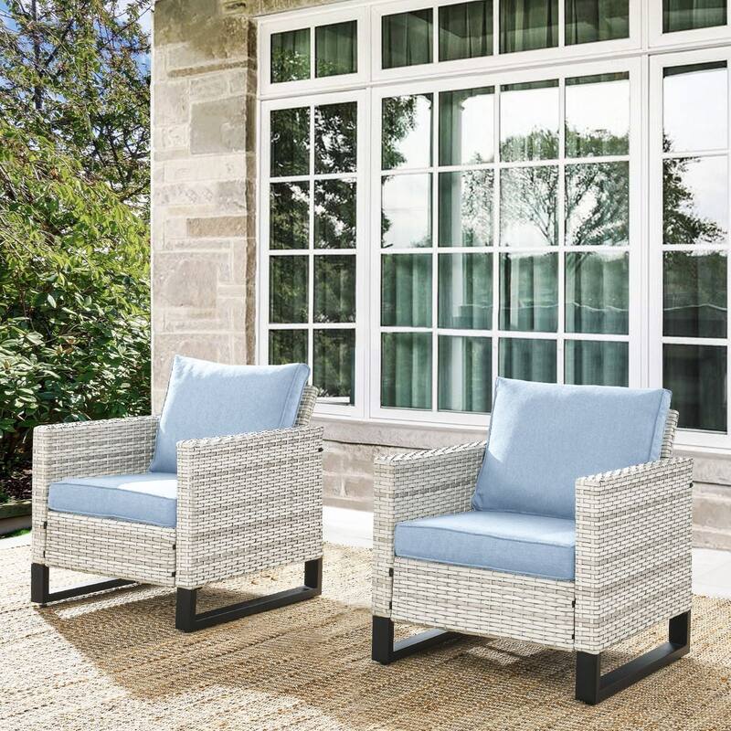 Gymojoy Wicker Patio Chairs with Olefin Cushions Weather-Resistant - 2-Piece - Light Grey Wicker / Babyblue Cusion