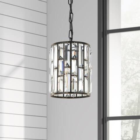 Metal 1-Light Black Hanging Pendant Light Lamp with Clear Crystals-7.3x7.3x73.5inches