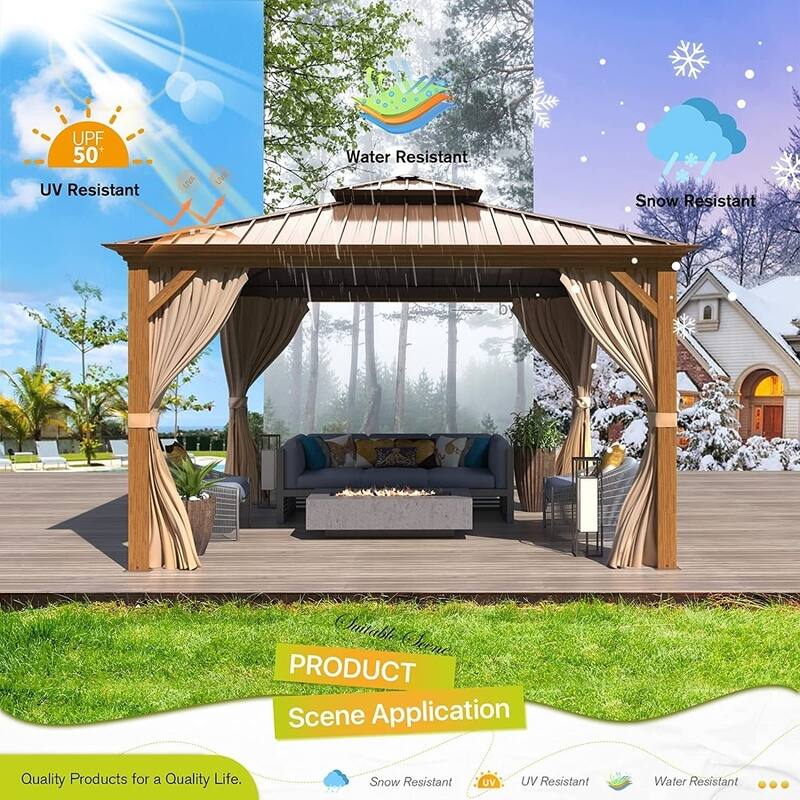 Erommy Pro Series Outdoor Galvanized Steel Roof Gazebo Pergola w/ Aluminum Frame & Vertical Rain Cutter