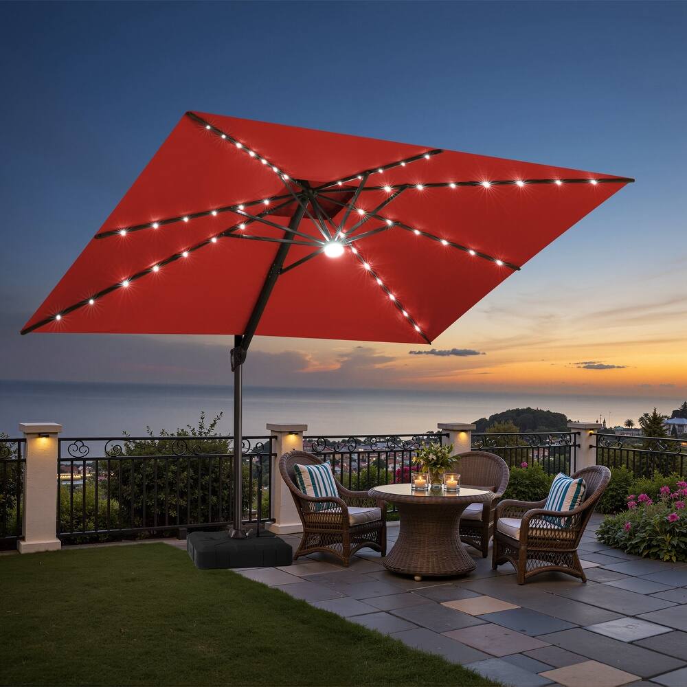 9 x11 FT Outdoor Double Top LED Lighted Patio Cantilever Umbrella with Weighted Base
