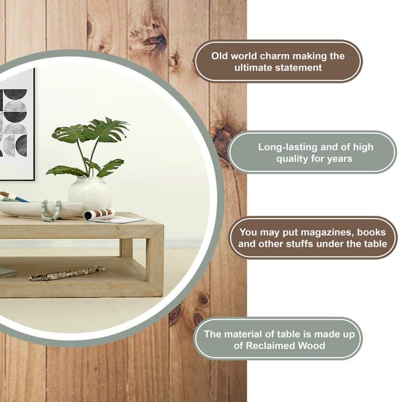 Artissance 39.4"L Square Weathered White Washed Wood Indoor Peking Grand Framed Coffee Table