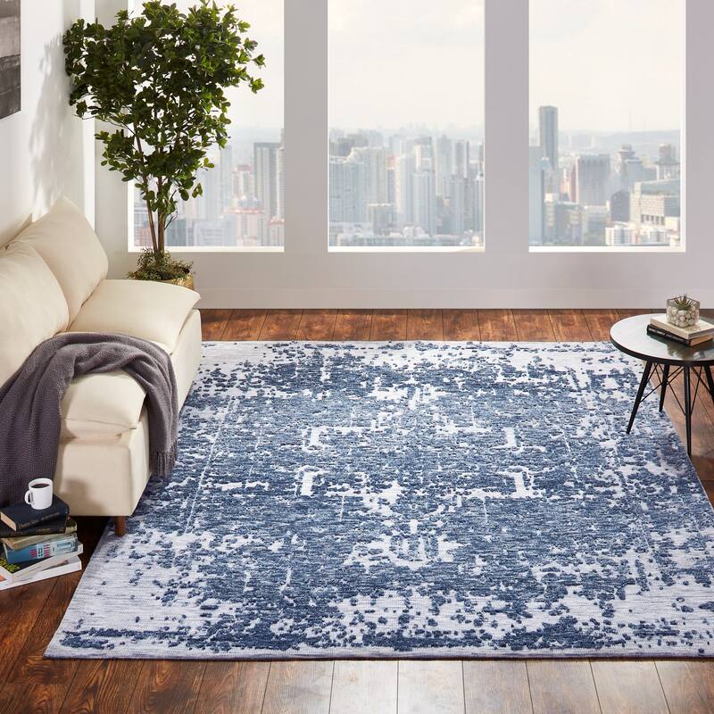 Abstract Oriental Area Rug - 5'6" X 8'6" - Vintage Denim