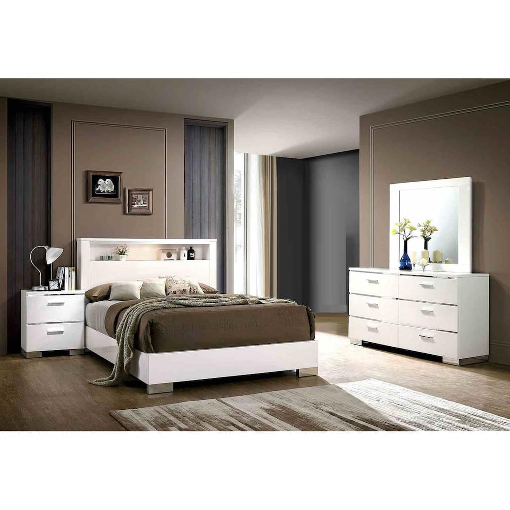 Modern White Bedroom Furniture Set with LED Headboard USB Port in Night Stand
