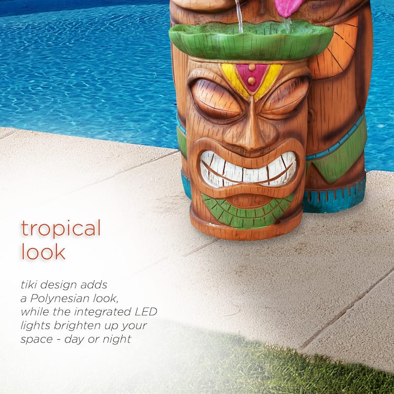 Alpine Corporation - 3-Tiered Colorful Tiki Head Water Fountain, Indoor/Outdoor Tropical Waterfall with LED Lights, for Garden