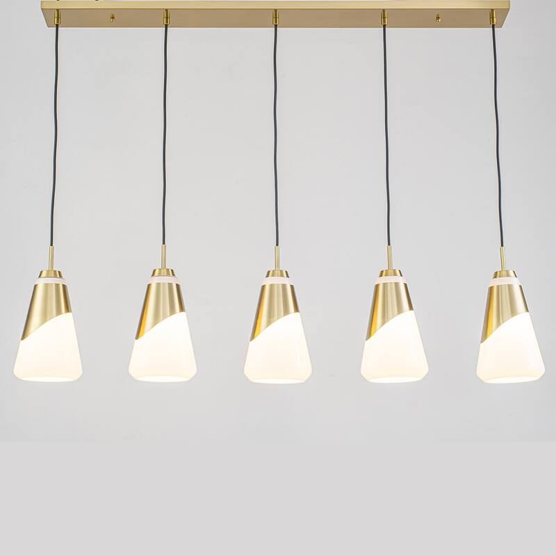 5-Light Gold Pendant Light with White Opal Glass Cone Shades - W 45.43-in