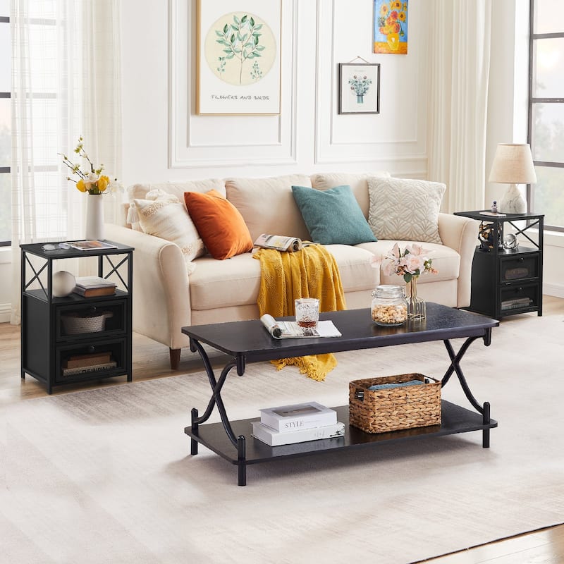 Javlergo 3-Piece Coffee Table Set Includes Modern Coffee Table and Nightstand Set of 2, Black