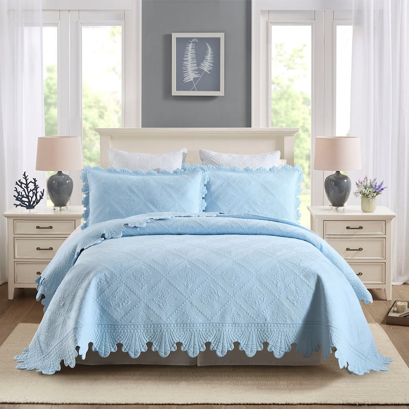 MarCielo 3Pcs 100% Cotton Oversized Quilt Bedspread Coverlet Set TK - Light Blue - King
