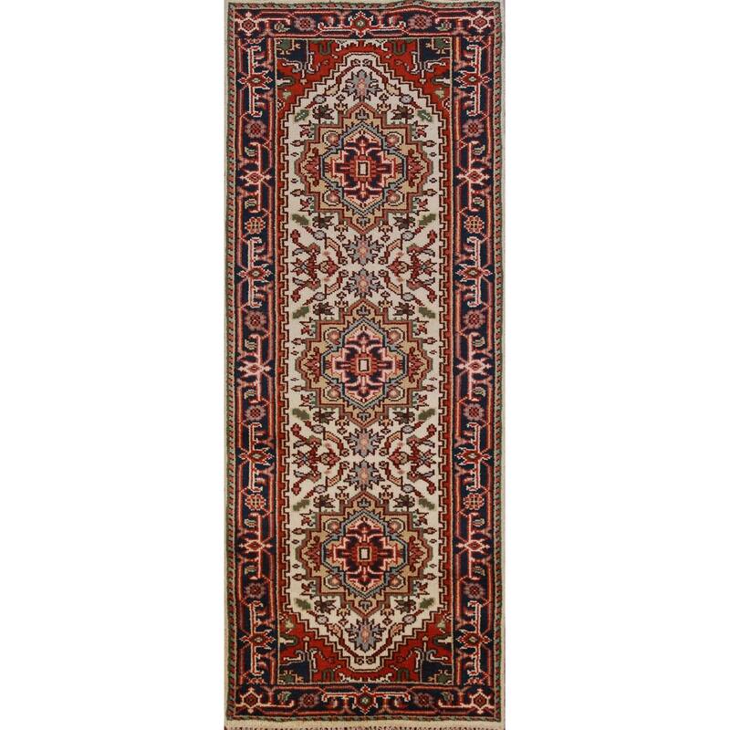 Hand Knotted Oriental 100% Wool Carpet Traditional Geometric Beige & Ivories Heriz (serapi) Runner Rug - 7' 10'' X 2' 7''