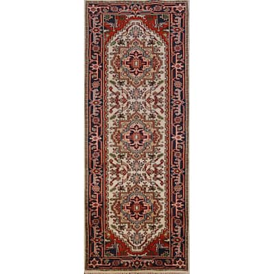 Hand Knotted Oriental 100% Wool Carpet Traditional Geometric Beige & Ivories Heriz (serapi) Runner Rug - 7' 10'' X 2' 7''