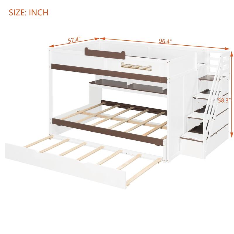 Full Over Full Bunk Bed with Twin Trundle, Staircase, Shelves & LED Lighting