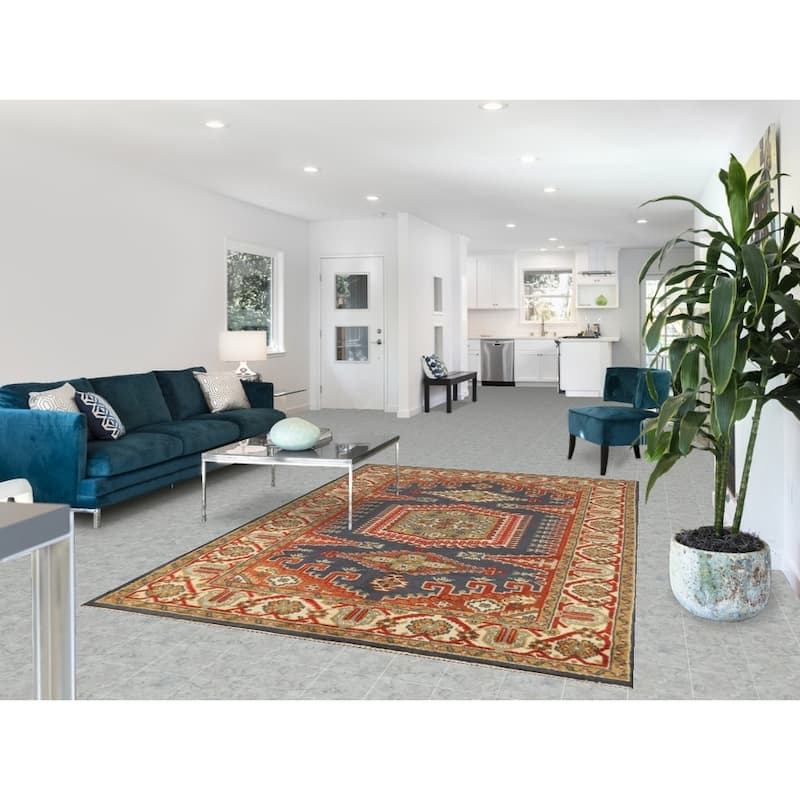 Blue Geometric Viss Indian Area Rug Handmade Wool Carpet - 5'10" x 8'10"