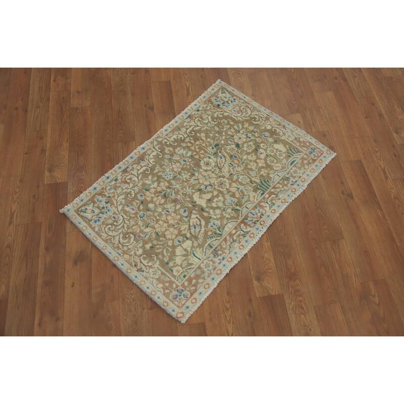Hand Knotted Oriental 100% Wool Carpet Traditional Floral Brown Kerman Area Rug - 2' 9'' X 1' 9''