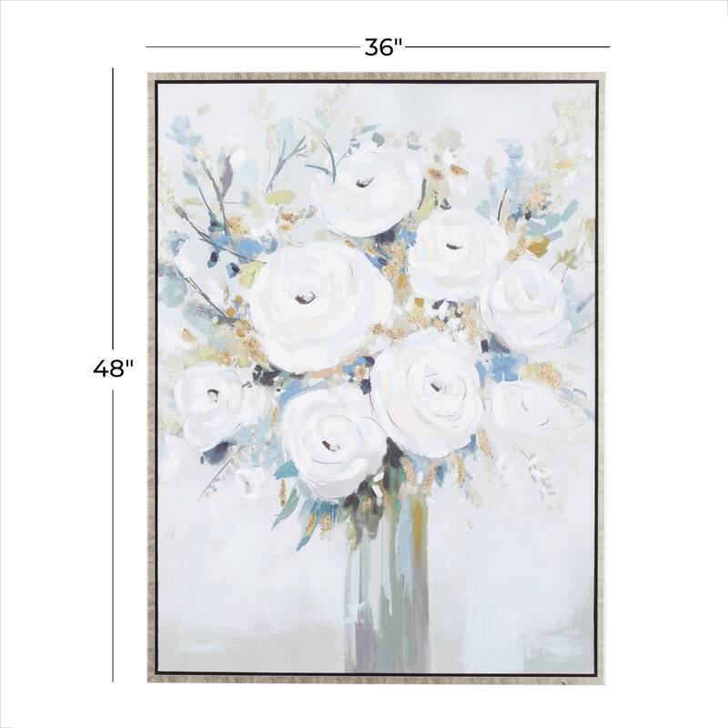 White Canvas Bouquet Floral Framed Wall Art with Silver Frame