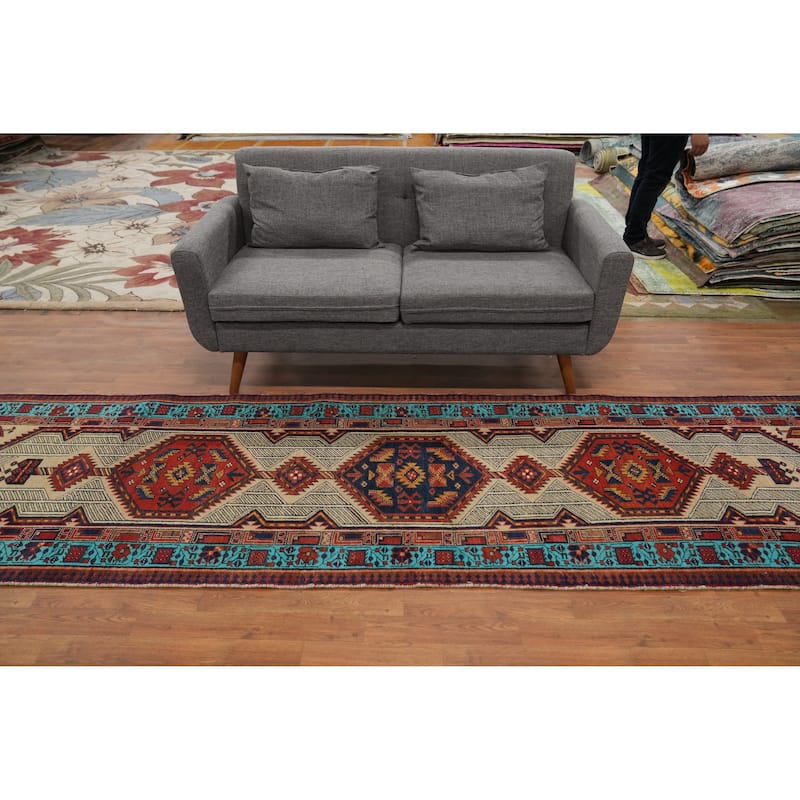 Hand Knotted Oriental 100% Wool Carpet Traditional Tribal Beige & Ivories Ardebil Runner Rug - 11' 11'' X 3' 3''