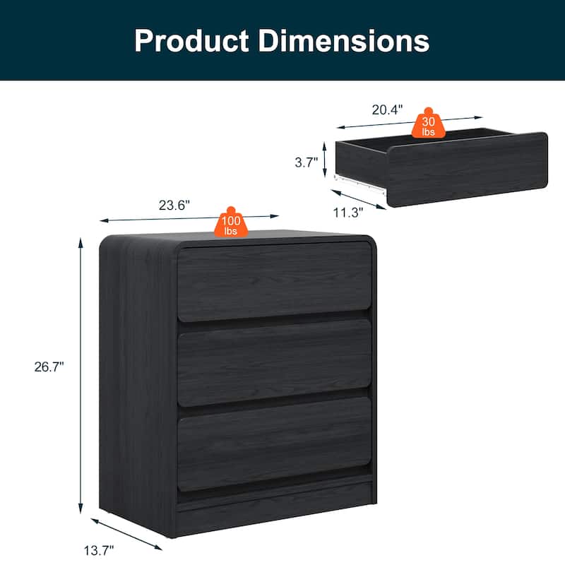 Modern Storage 3-Drawer Nightstand for Bedroom, Nursery, Living Room