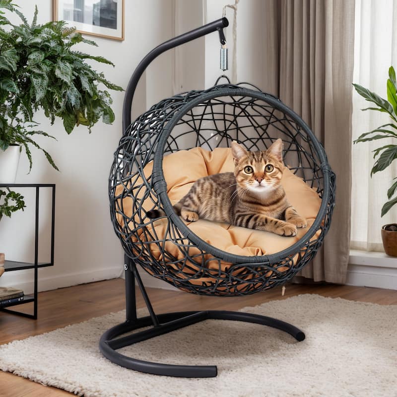 Modern Pet Hammock, Rattan Swing Bed with Stand & Removable Cushion, Gift for Cat/Dog Lovers, Space-Saving Indoor-Outdoor - Yellow