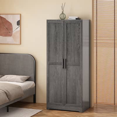 Rustic 2-DOOR Wardrobe with Clothes Rail and 3 Shelves Armoires Clothes Storage Cabinet for Bedroom